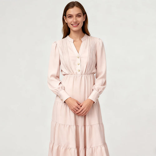 Velarve Women's Blush Pink Floral Pleated Maxi Dress, Puff Sleeve