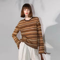 Velarve Women's Brown Striped Knit Top, Slim Fit Long Sleeve