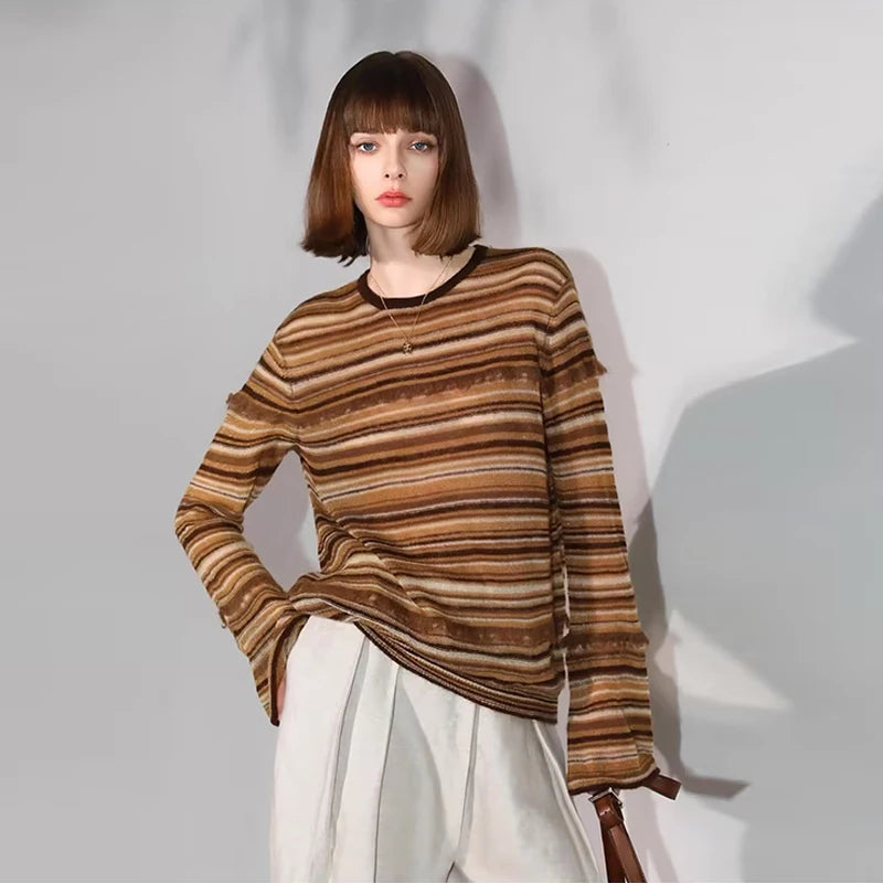 Velarve Women's Brown Striped Knit Top, Slim Fit Long Sleeve