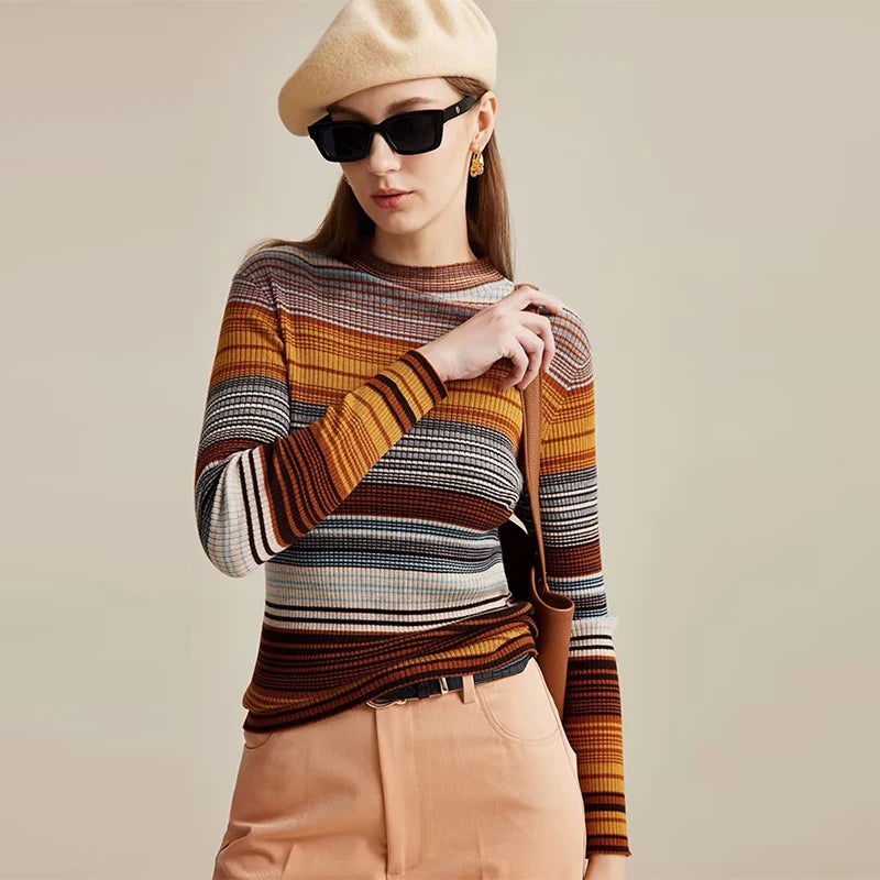 Velarve Women's Striped Knit Pullover Sweater, Long Sleeve