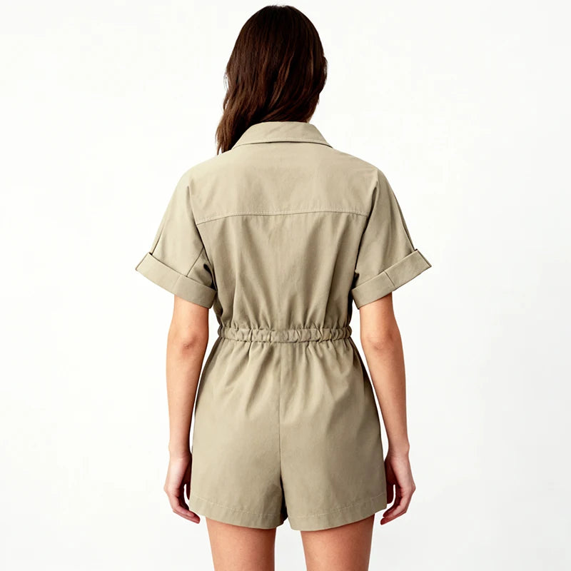 Velarve Women's Light Khaki Satin Short-Sleeve Romper, Collared Playsuit