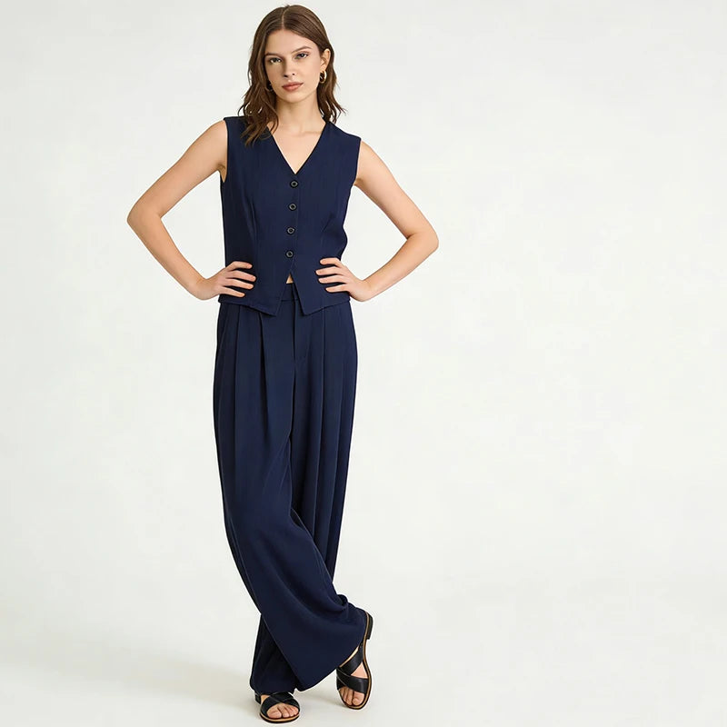 Velarve Women's Navy Vest & Wide-Leg Pants Two-Piece Set