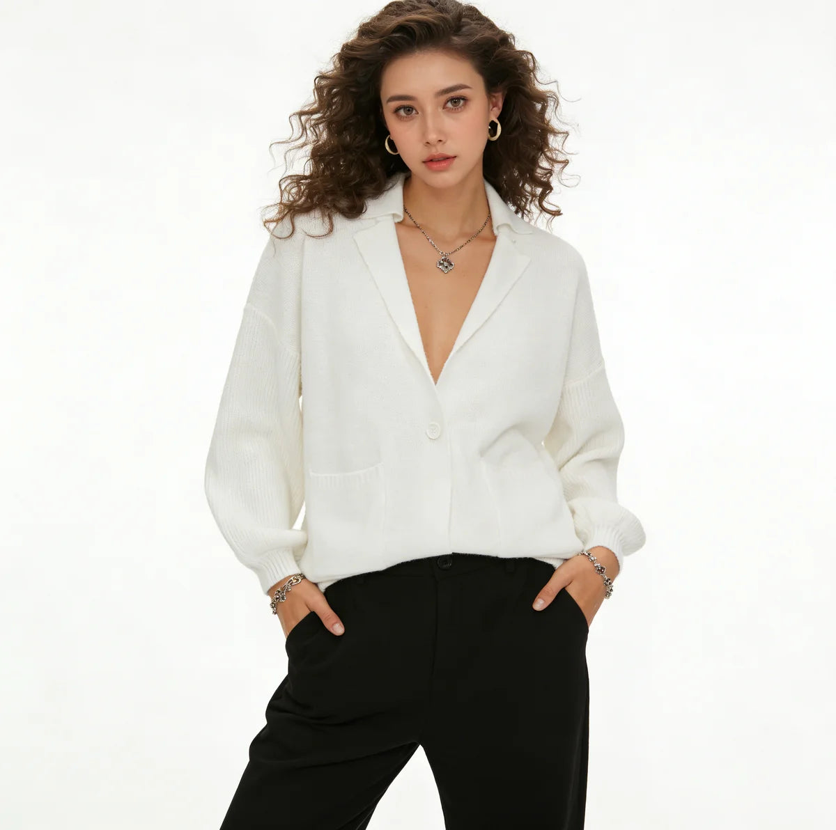 Velarve Women's White Cotton Cardigan, V-Neck Letter Knit