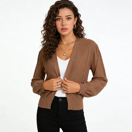 Velarve Women's Brown Open-Front Cotton Cardigan