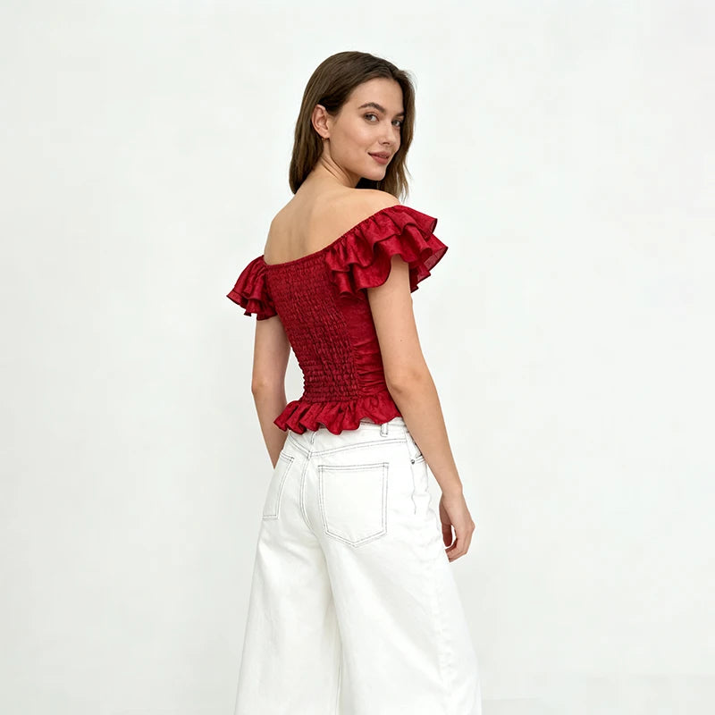 Velarve Women's Coral Red Satin Floral Off-Shoulder Top, Ruffled