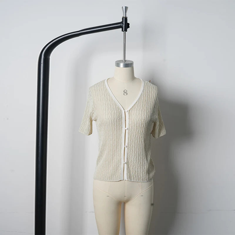 Velarve Women's Ivory Short Sleeve Cotton Cardigan