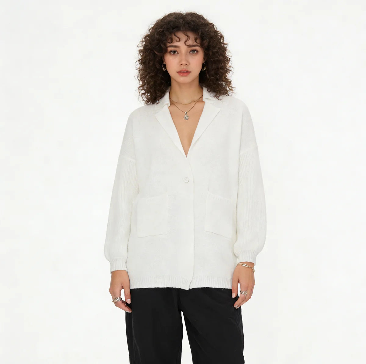 Velarve Women's White Cotton Cardigan, V-Neck Letter Knit