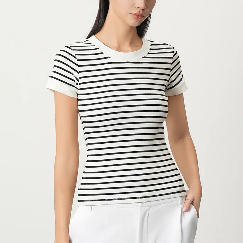 Velarve Women's Striped Crop T-Shirt, Short Sleeve Round Neck