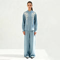 Velarve Women's Light Blue Embroidered Shirt & Wide-Leg Pants Set
