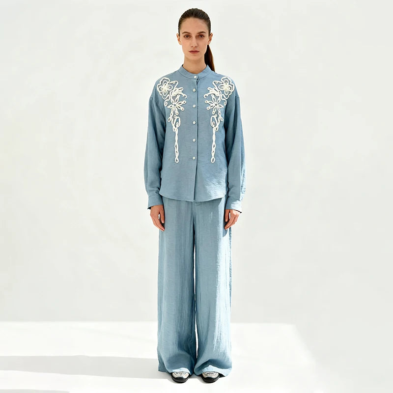 Velarve Women's Light Blue Embroidered Shirt & Wide-Leg Pants Set