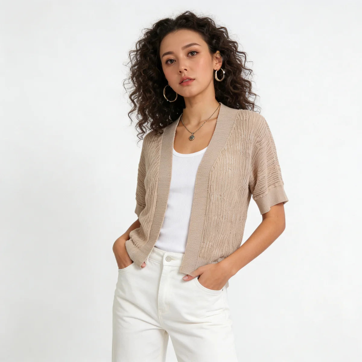 Velarve Women's Champagne Cotton Cardigan, V-Neck Button-Front