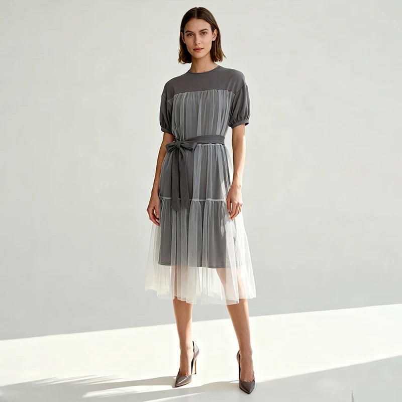 Velarve Women's Gray Mesh Layered Puff-Sleeve Midi Dress, Belted