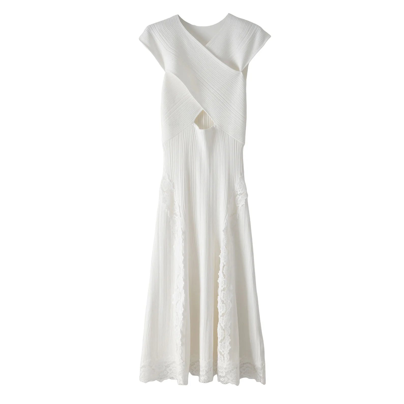 Velarve Women's White Sleeveless Knit Maxi Dress with Ruffle Trim