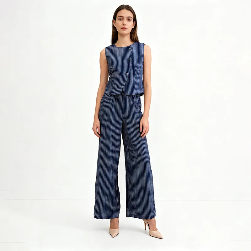 Velarve Women's Navy Plaid Vest & Wide-Leg Pants Set