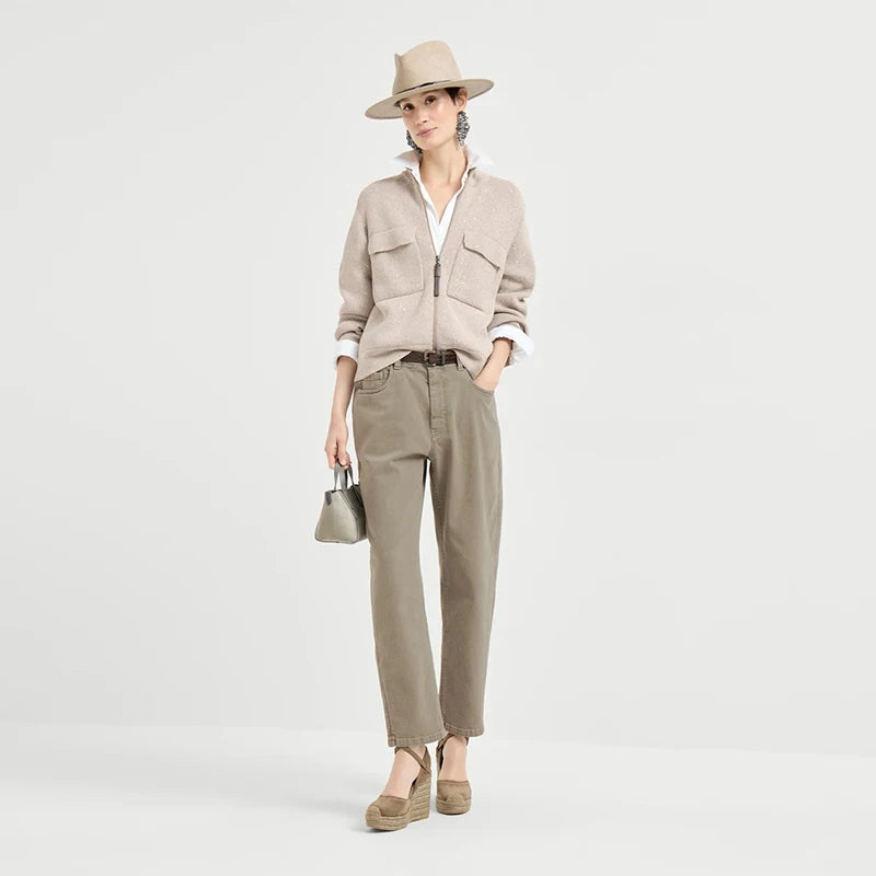 Velarve Women's Champagne Cable-Twist Turtleneck Cardigan