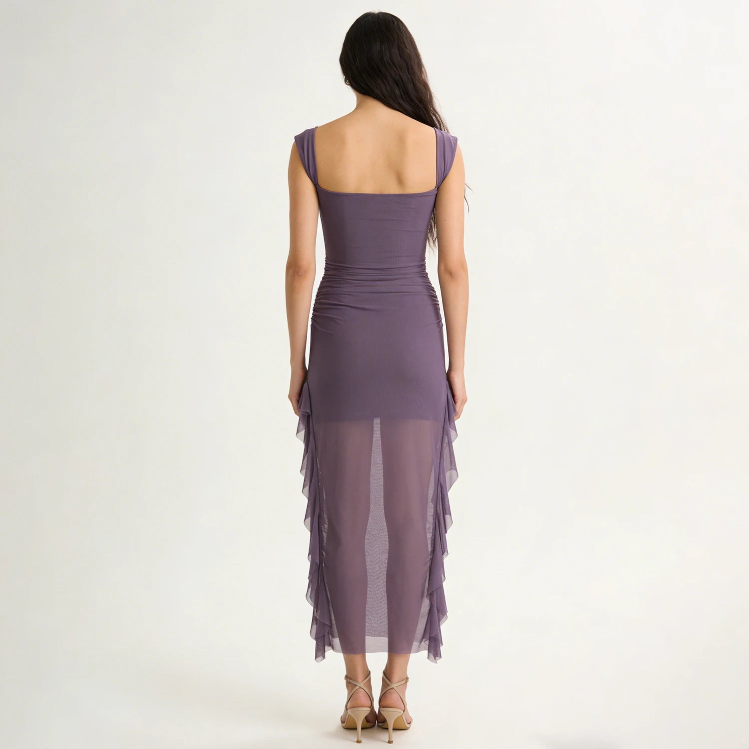 Velarve Women's Lilac Ruched Mesh Mini Dress, Bodycon Cocktail