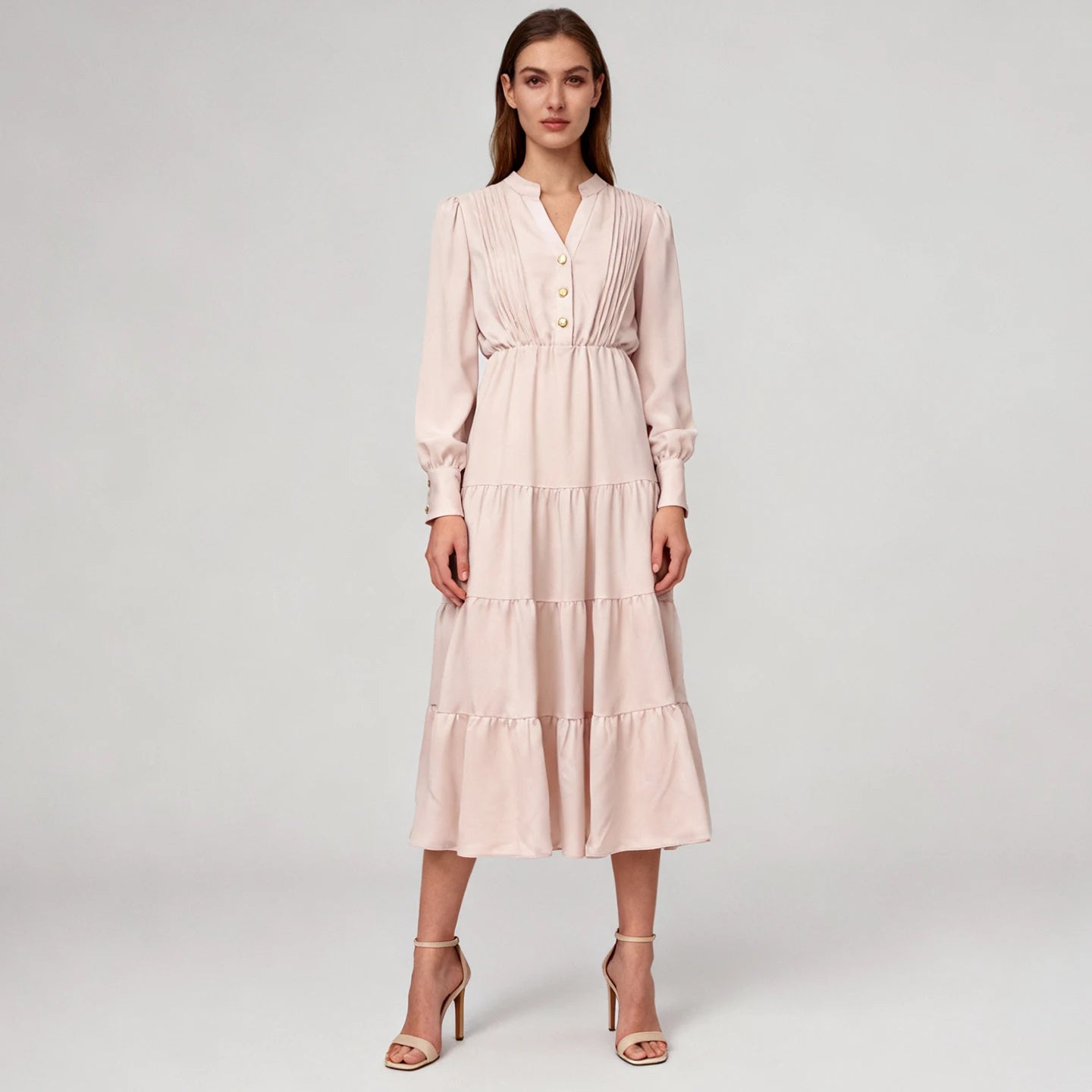 Velarve Women's Blush Pink Floral Pleated Maxi Dress, Puff Sleeve