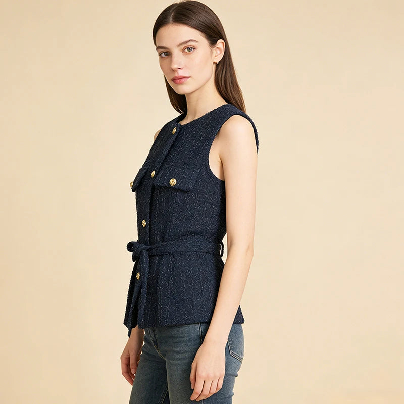 Velarve Women's Navy Tweed Belted Vest, Gold-Button Waistcoat