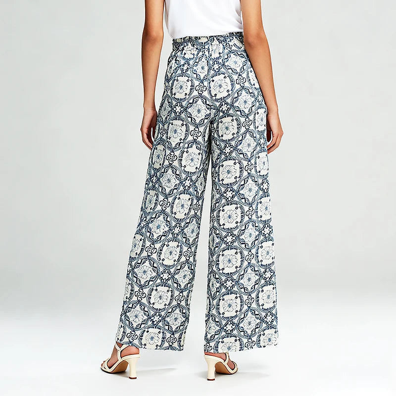 Velarve Women's Light Blue Tile-Print Wide-Leg Pants, High Waist