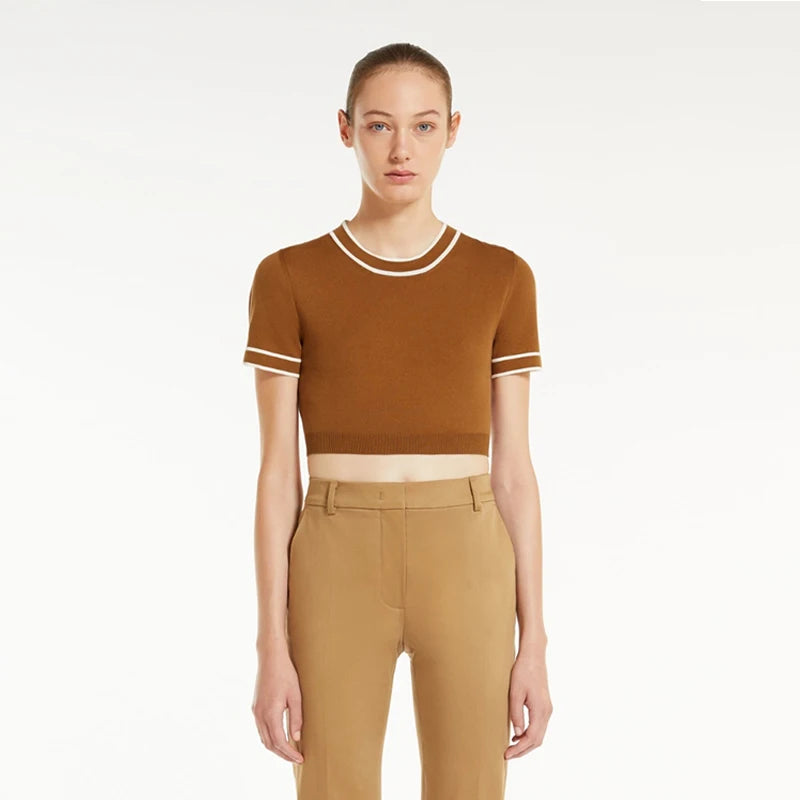 Velarve Women's Orange Round-Neck Sweater, Slim Fit Short Sleeve