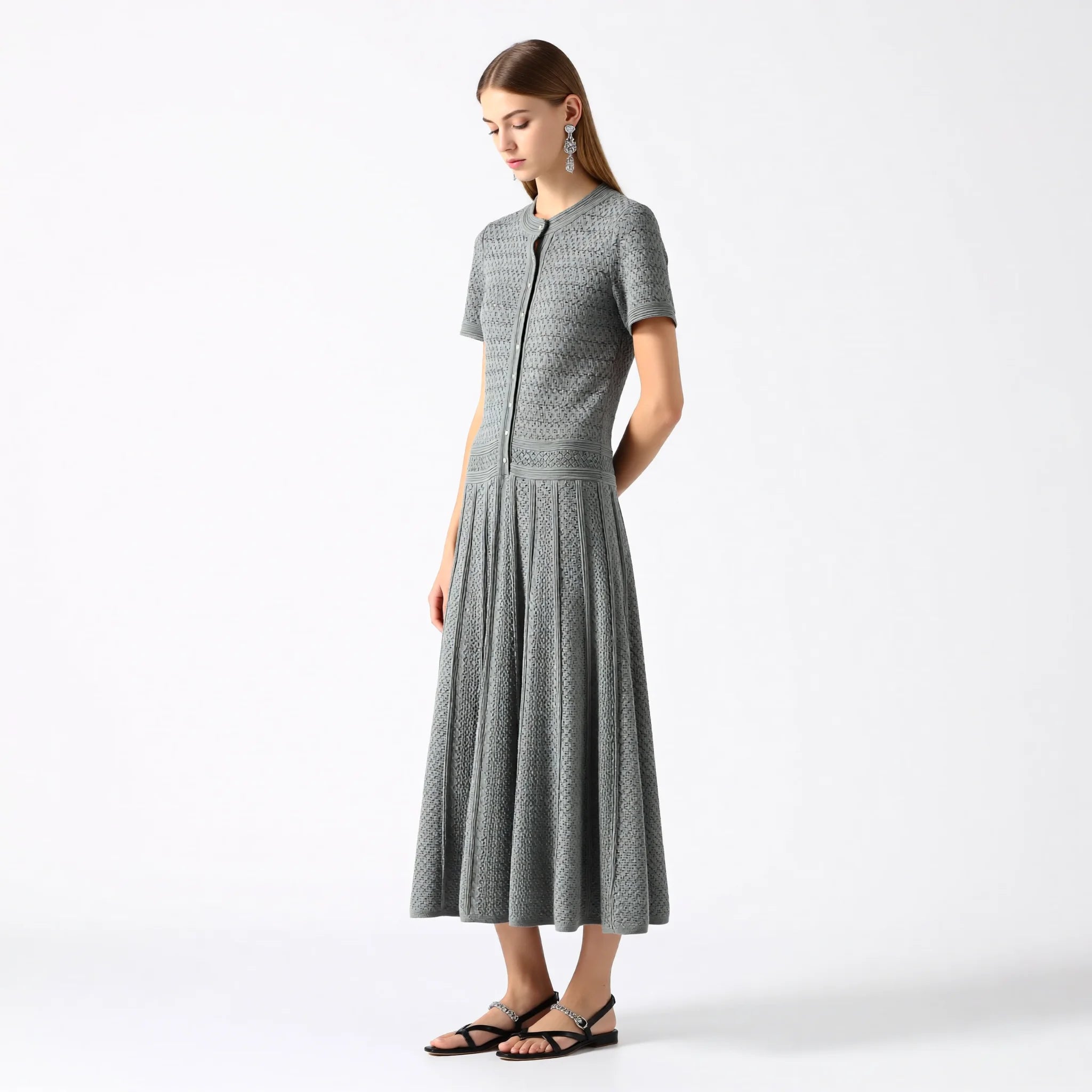 Velarve Women's Turquoise Knit Maxi Dress with Button-Front Detail