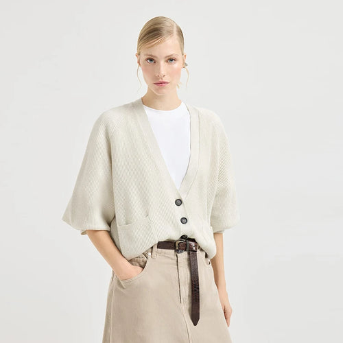 Velarve Women's Beige Striped Cotton Cardigan, Button-Front
