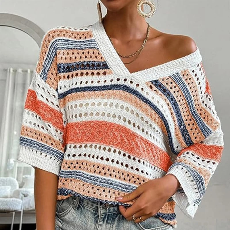 Velarve Women's V-Neck Short Sleeve Knit Sweater