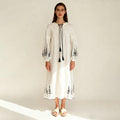 Velarve Women's White Linen Embroidered Boho Maxi Dress, Long Sleeve