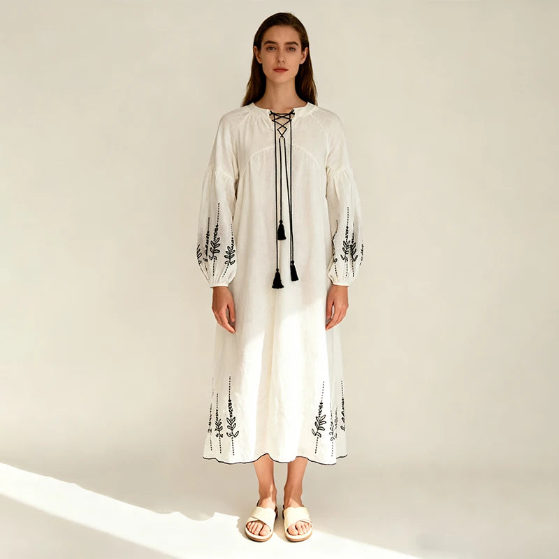 Velarve Women's White Linen Embroidered Boho Maxi Dress, Long Sleeve