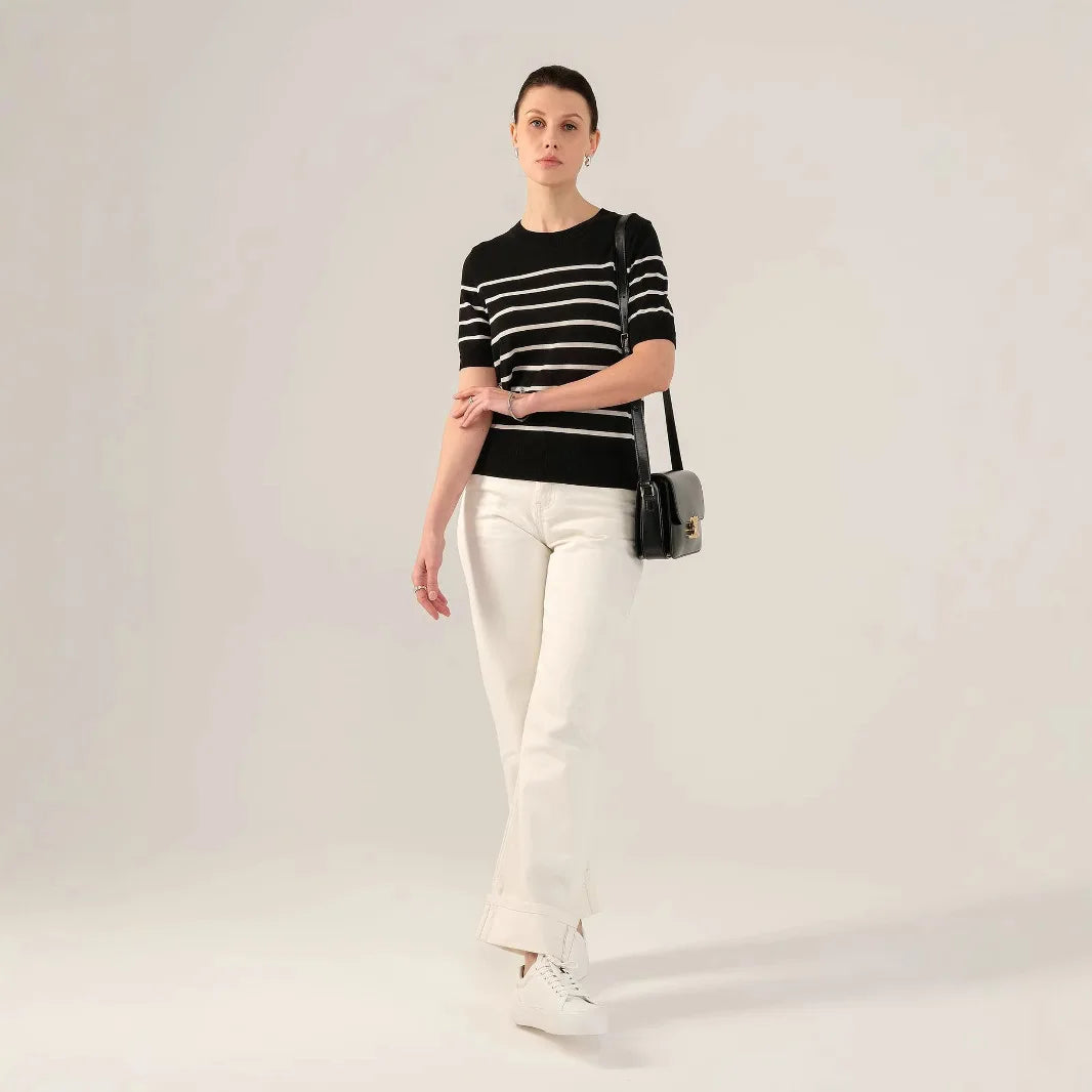 Velarve Women's Striped Knit Top, Round-Neck Short Sleeve
