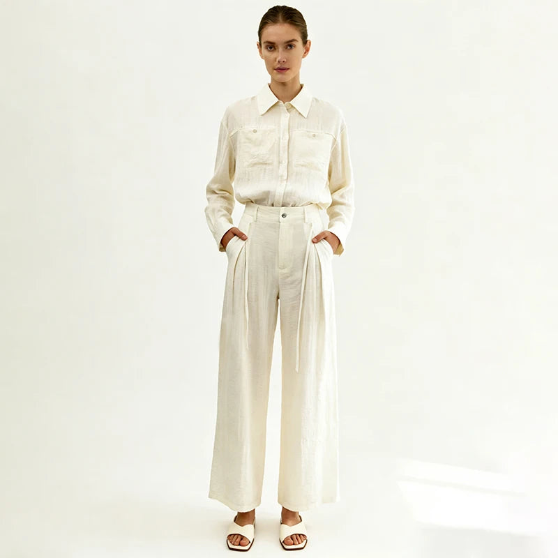 Velarve Women's Ivory Formal Shirt & Wide-Leg Pants Set