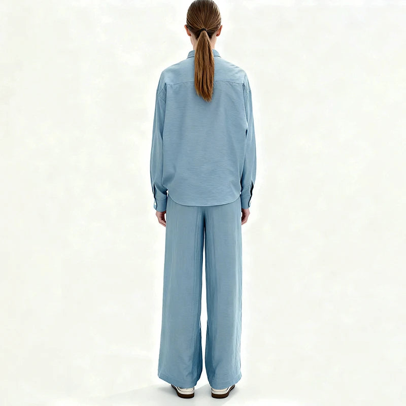 Velarve Women's Light Blue Embroidered Shirt & Wide-Leg Pants Set