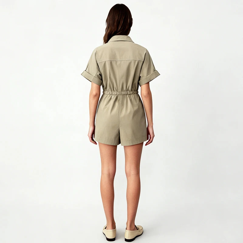 Velarve Women's Light Khaki Satin Short-Sleeve Romper, Collared Playsuit