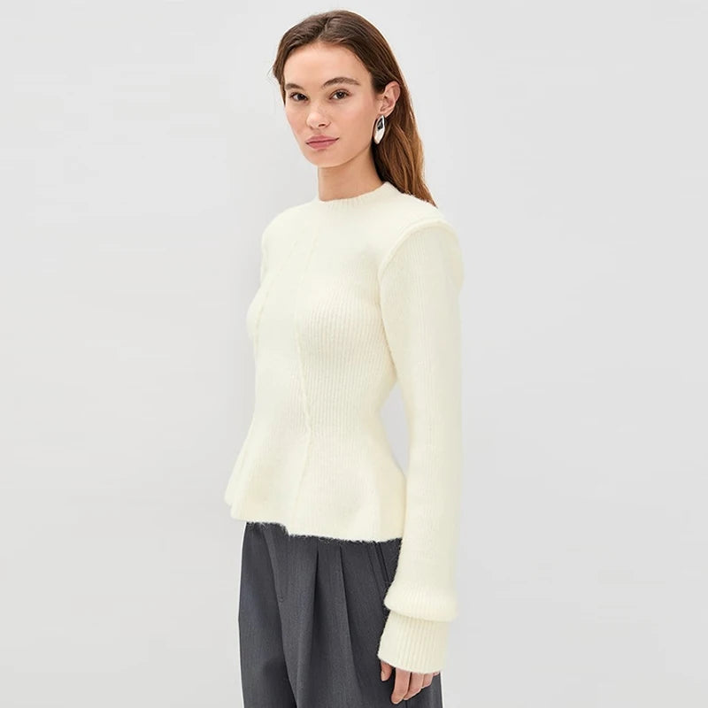 Velarve Women's Ivory Wool Hooded Sweater, Long Sleeve Knit