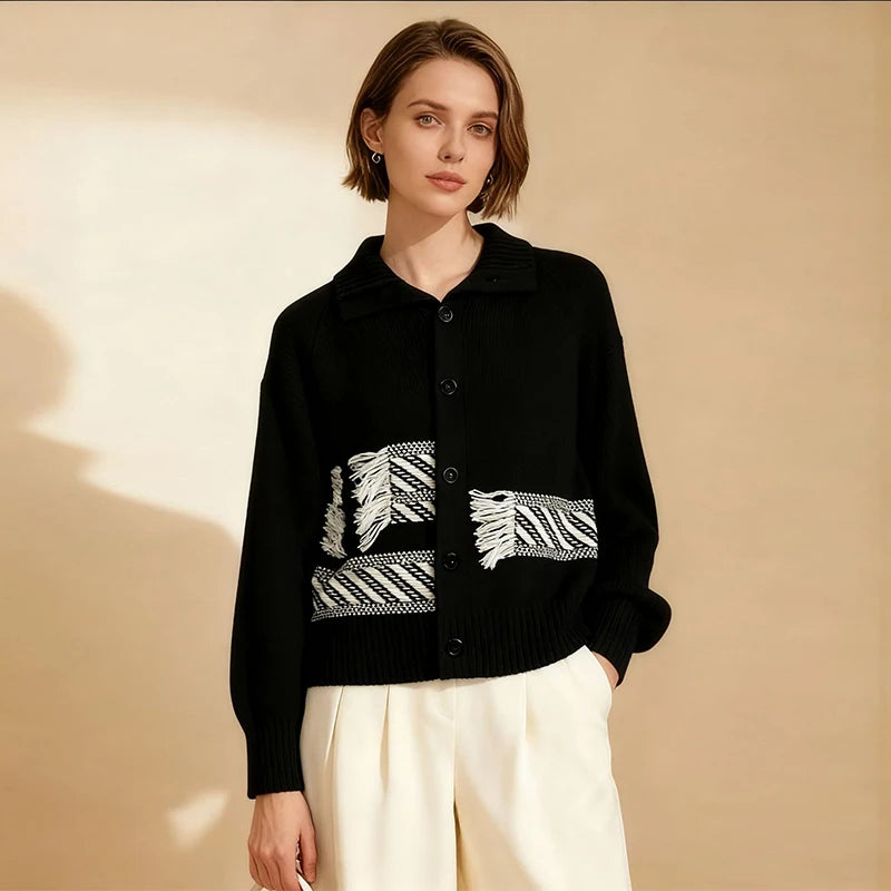Velarve Women's Black Wool Cardigan, V-Neck Lantern Sleeve