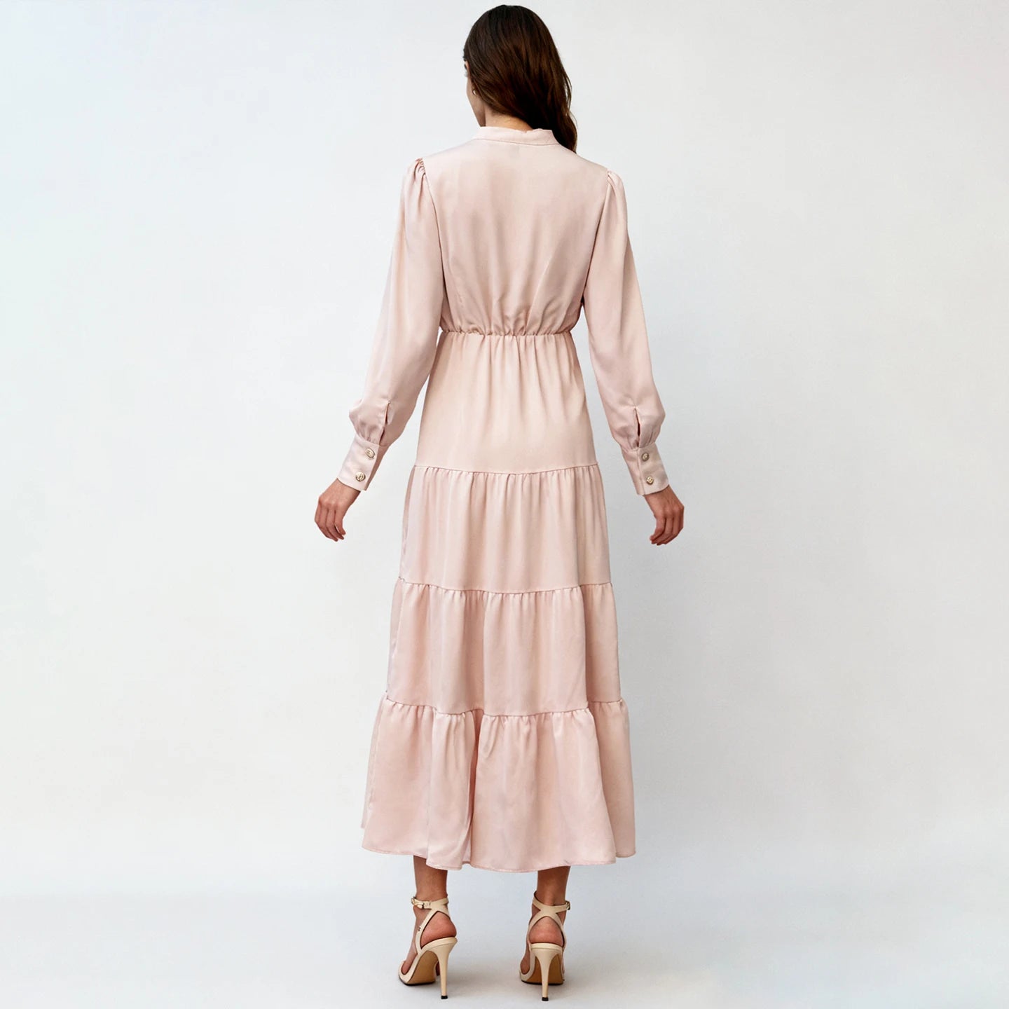 Velarve Women's Blush Pink Floral Pleated Maxi Dress, Puff Sleeve