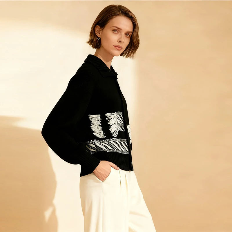 Velarve Women's Black Wool Cardigan, V-Neck Lantern Sleeve