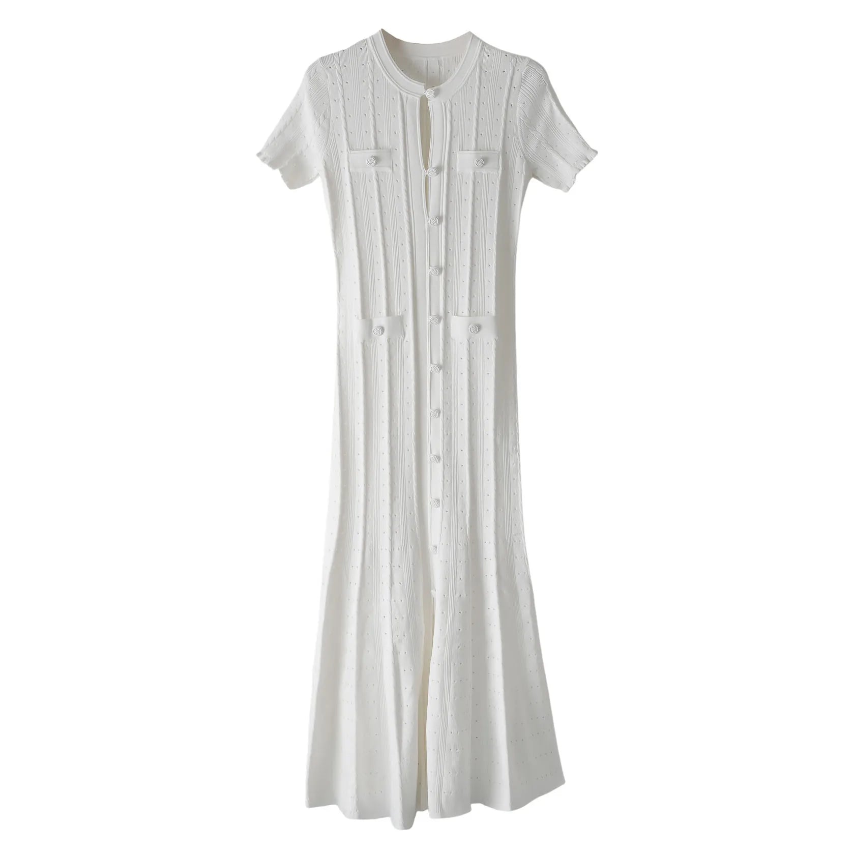 Velarve Women's White Fishtail Evening Dress with Crochet Floral Detail