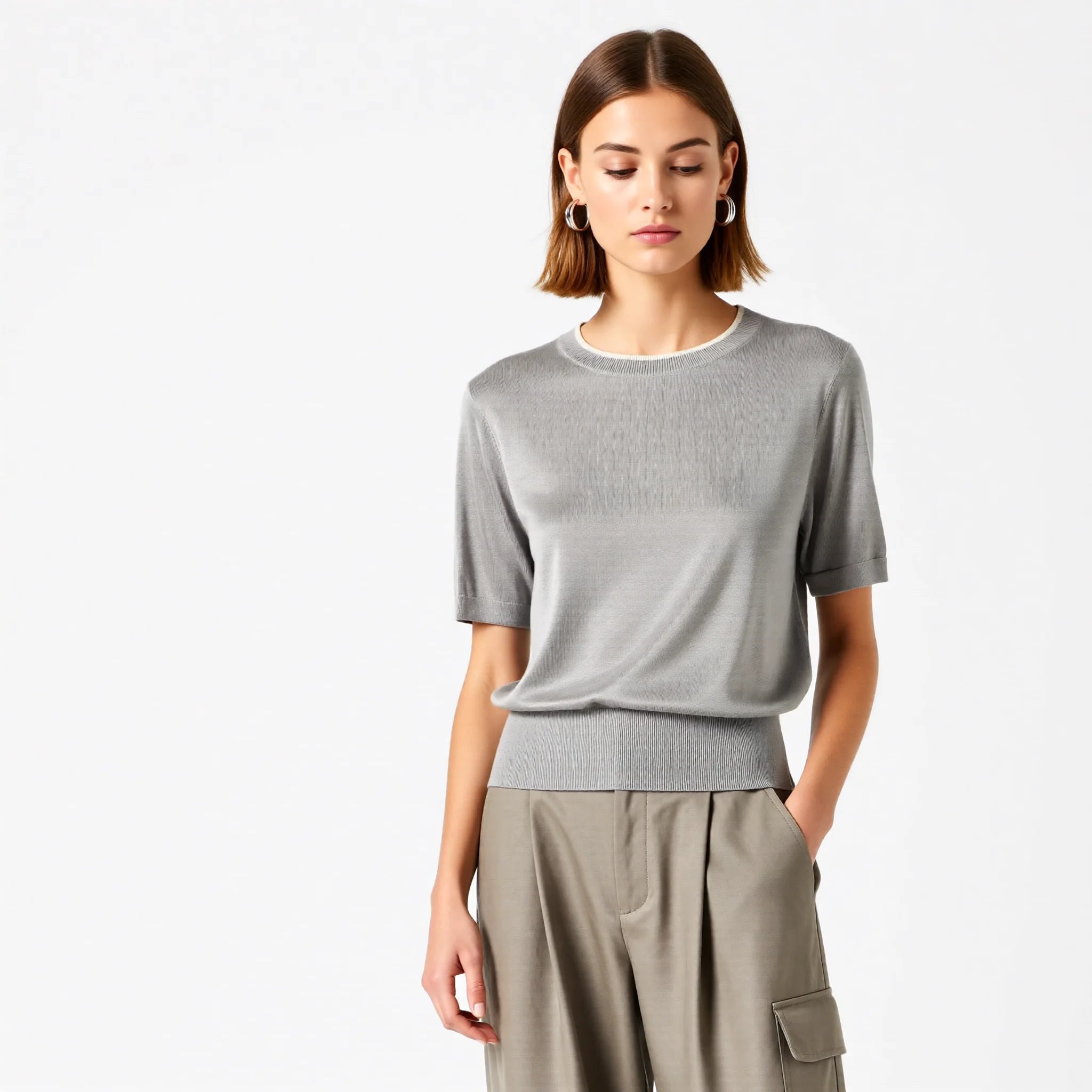 Velarve Women's Grey Crewneck Pullover Sweater, Oversized Knit