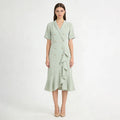 Velarve Women's Mint Green Double-Breasted Midi Dress, Ruffled Short Sleeve