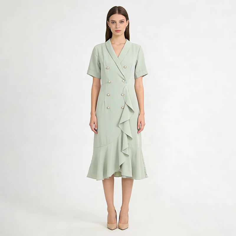 Velarve Women's Mint Green Double-Breasted Midi Dress, Ruffled Short Sleeve