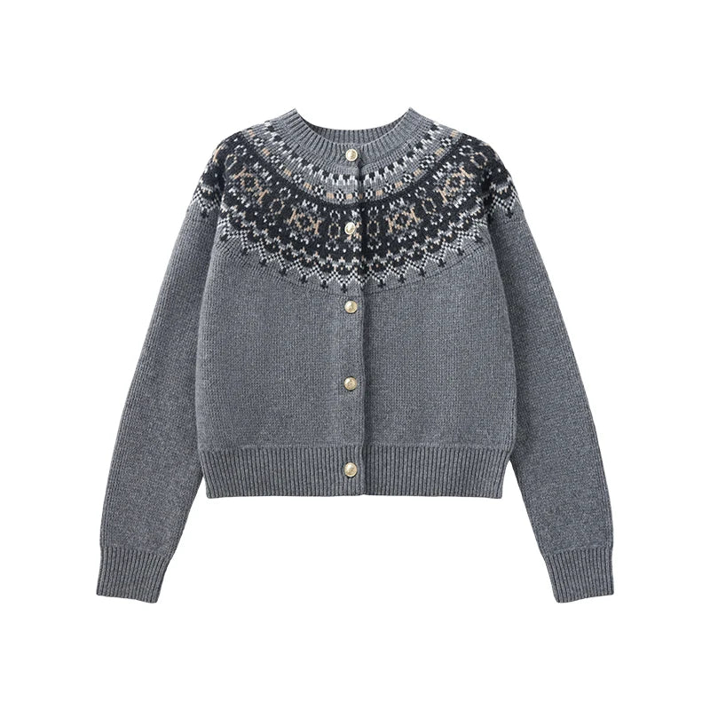 Velarve Women's Gray Oversized Crewneck Sweater, Fair Isle Knit
