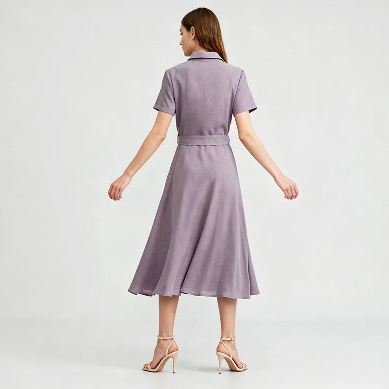 Velarve Women's Lavender Belted Shirt Dress, Short Sleeve Midi