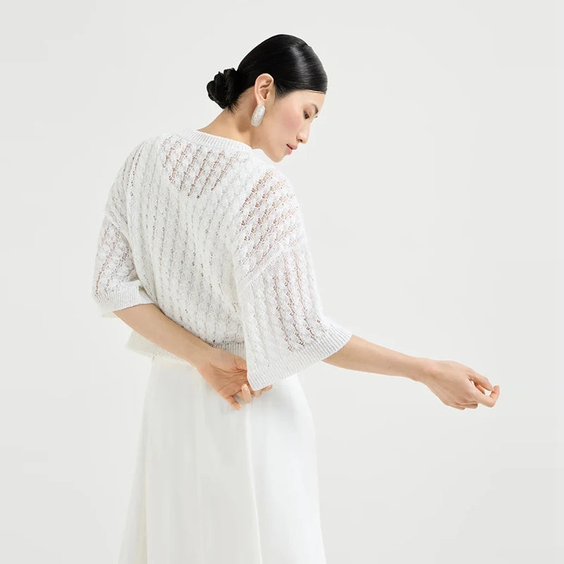 Velarve Women's White Cotton Cardigan, Crewneck Button-Front