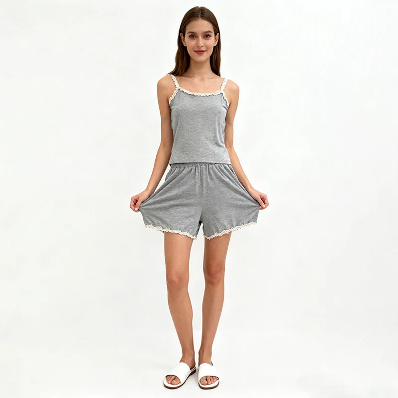 Velarve Women's Grey Lace-Trim Camisole & Shorts Lounge Set