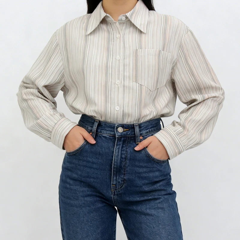 Velarve Women's Beige Striped Oversized Shirt, Long Sleeve Blouse