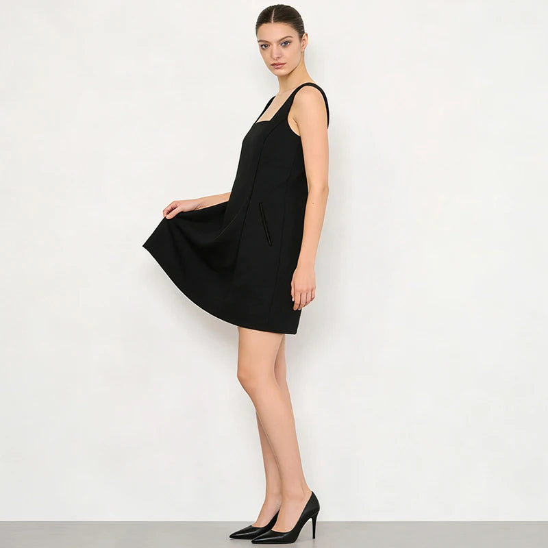 Velarve Women's Black Square-Neck Mini Dress, Structured A-Line