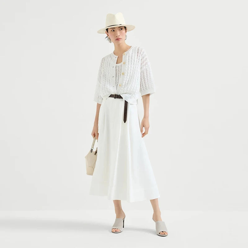 Velarve Women's White Cotton Cardigan, Crewneck Button-Front