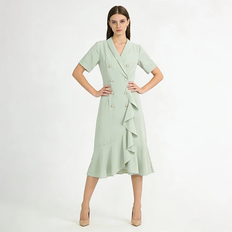 Velarve Women's Mint Green Double-Breasted Midi Dress, Ruffled Short Sleeve