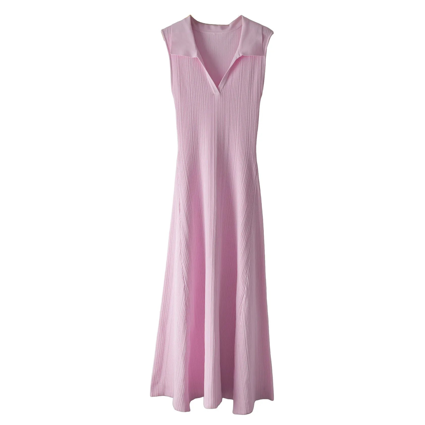 Velarve Women's Pink V-Neck Knit Dress, Slim Fit Natural Waist